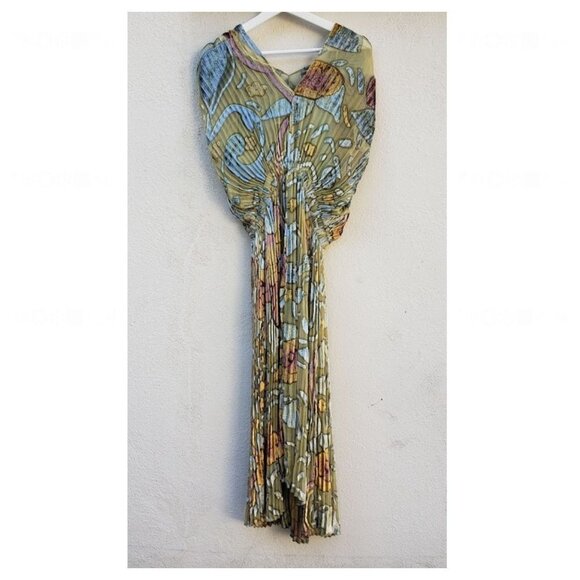 CO. Hand Painted Watercolor French Velvet Pleated Midi‎ Dress - Picture 6 of 10